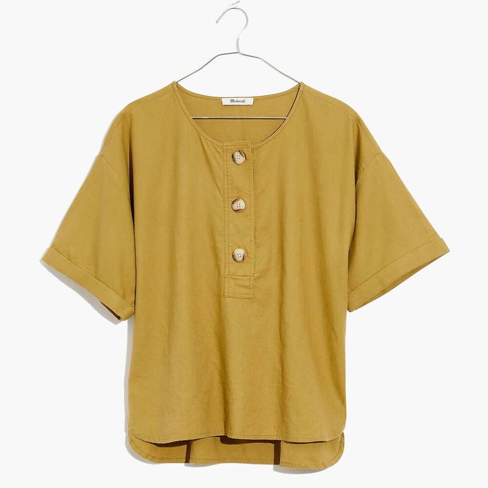 Madewell Linen-Blend Button Henley Slouch Shirt Olive Green MD130 Womens Size XS